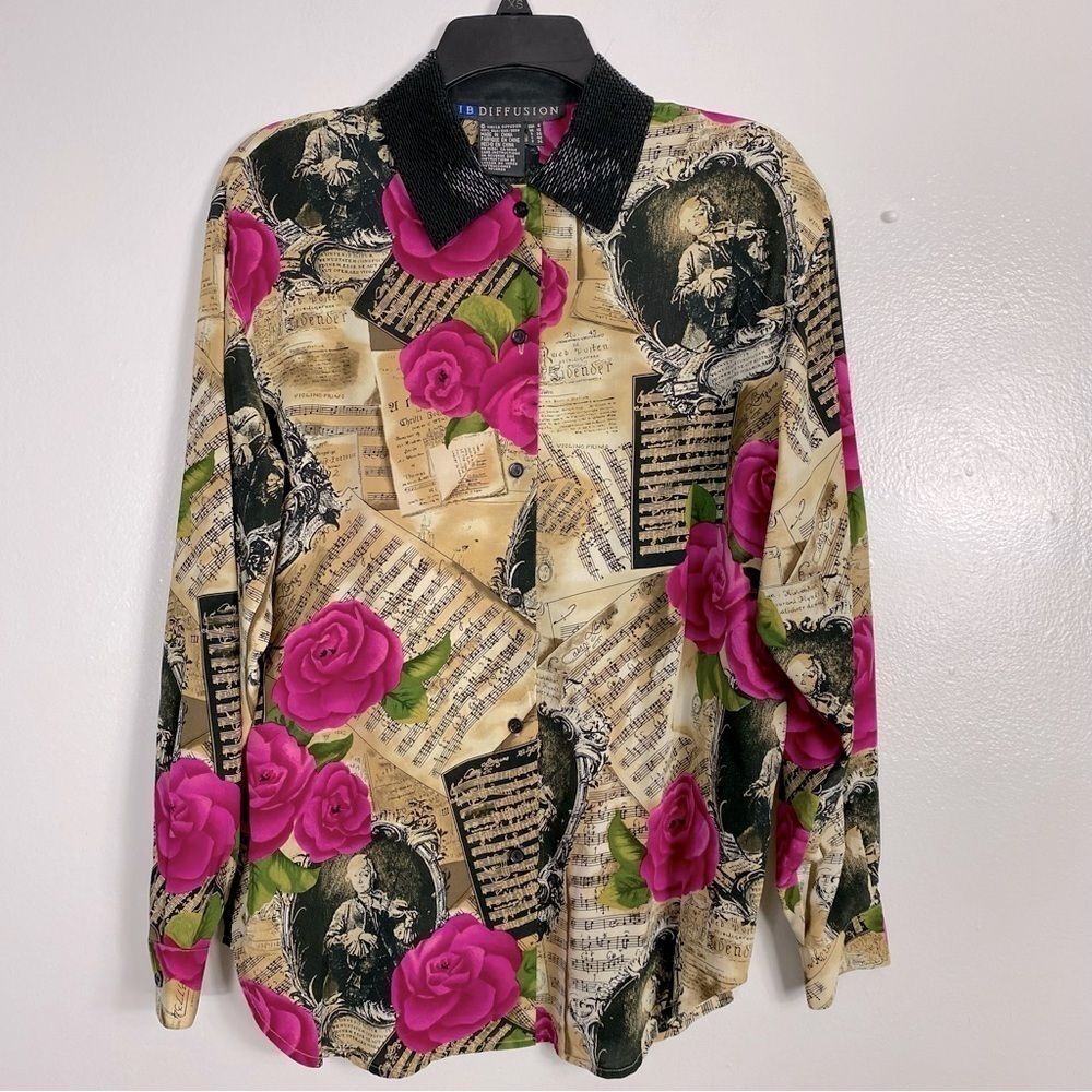 IB Diffusion silk floral symphony music sheet vintage shirt 1993